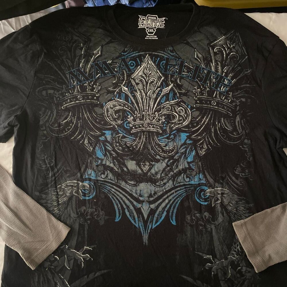 MMA Elite early-mid-2000’s black layered sleeve tshirt w/ eagle and fleur-de-lis